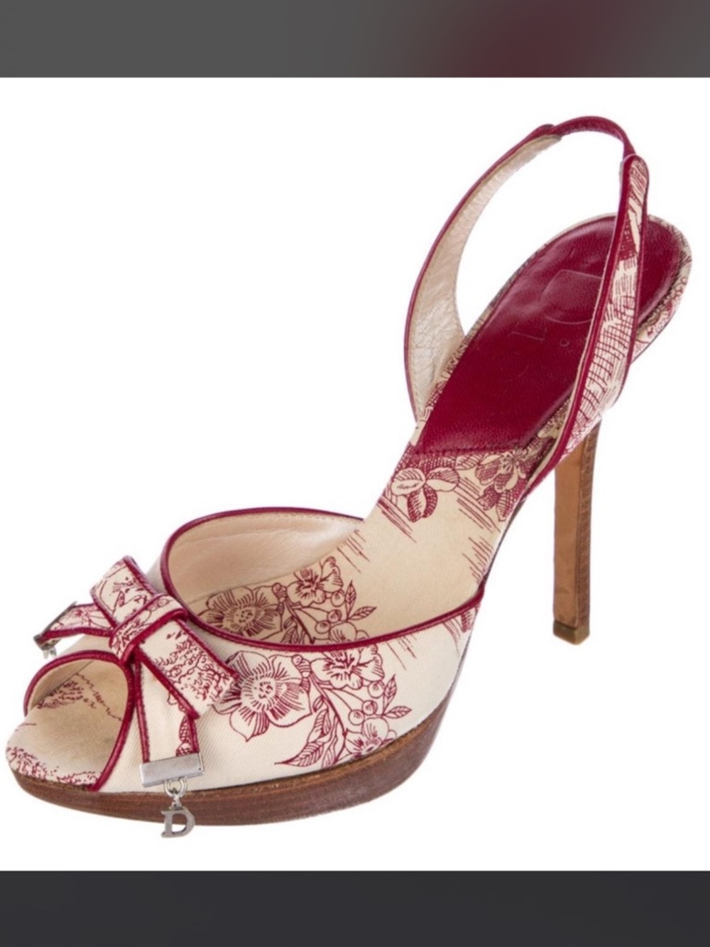 Dior Cream and Red Floral Slingback High Heel Sandal